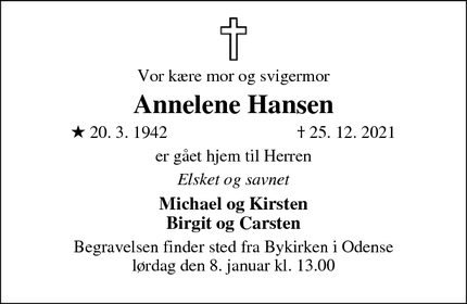 Dødsannoncen for Annelene Hansen - Søndersø