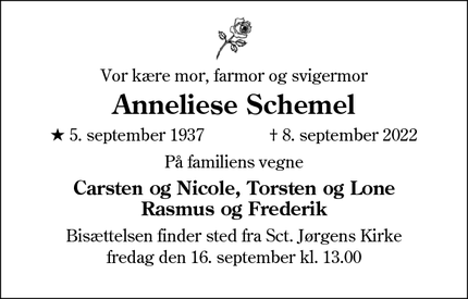 Dødsannoncen for Anneliese Schemel - Aabenraa