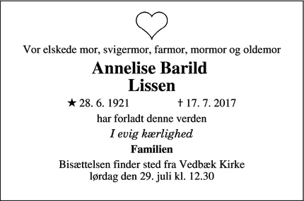 Dødsannoncen for Annelise Barild 
Lissen - Det Grønne Område (Vedbæk 2950) 