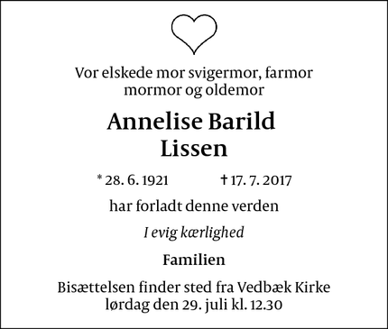 Dødsannoncen for Annelise Barild 
Lissen - Det Grønne Område (Vedbæk 2950) 