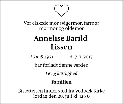 Dødsannoncen for Annelise Barild 
Lissen - Det Grønne Område (Vedbæk 2950) 