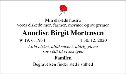 Dødsannoncen for Annelise Birgit Mortensen - Dragør