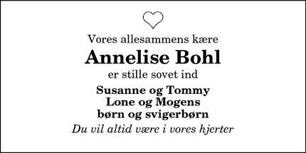 Dødsannoncen for Annelise Bohl - Hadsund