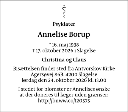 Dødsannoncen for Annelise Borup - Slagelse 