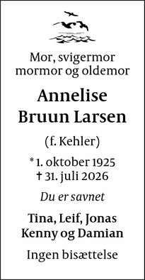 Dødsannoncen for Annelise Bruun Larsen  - Hårlev