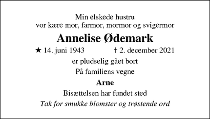 Dødsannoncen for Annelise Ødemark - Roskilde
