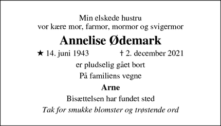 Dødsannoncen for Annelise Ødemark - Roskilde