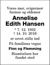 Dødsannoncen for Annelise Edith Hansen - Nykøbing Falster