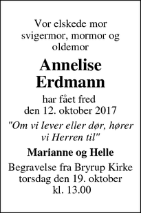 Dødsannoncen for Annelise Erdmann - Bryrup