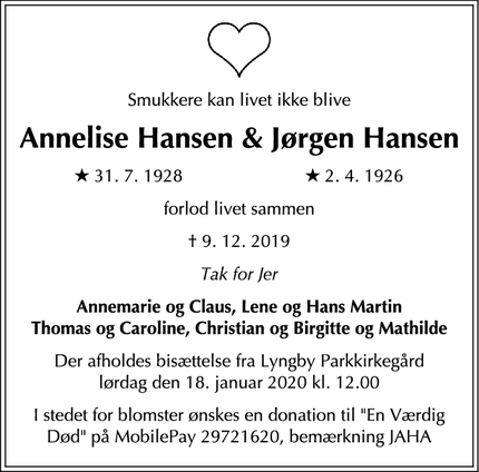 Dødsannoncen for Annelise Hansen & Jørgen Hansen - Kolding