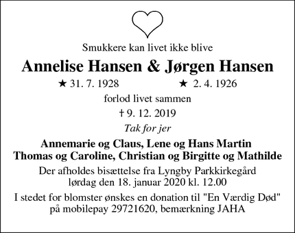Dødsannoncen for Annelise Hansen & Jørgen Hansen - Kolding