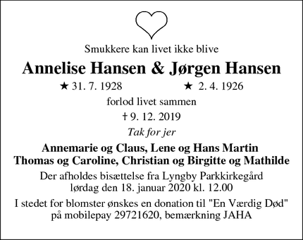 Dødsannoncen for Annelise Hansen & Jørgen Hansen - Kolding