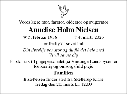 Dødsannoncen for Annelise Holm Nielsen - Skellerup