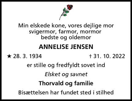 Dødsannoncen for Annelise Jensen - Hvidovre
