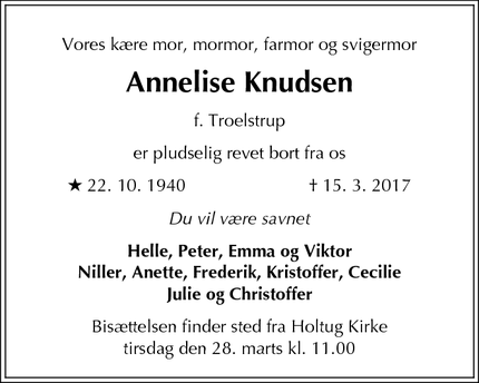 Dødsannoncen for Annelise Knudsen - Holtug