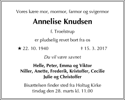 Dødsannoncen for Annelise Knudsen - Holtug