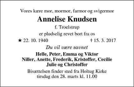 Dødsannoncen for Annelise Knudsen - Holtug