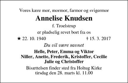 Dødsannoncen for Annelise Knudsen - Holtug