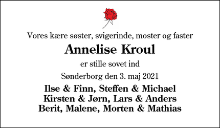 Dødsannoncen for Annelise Kroul - Sønderborg