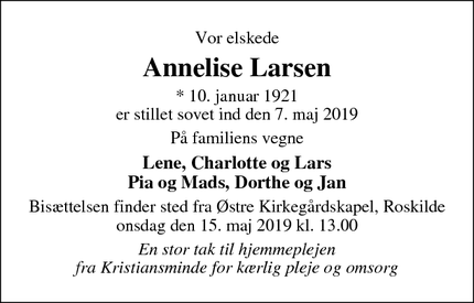 Dødsannoncen for Annelise Larsen - Roskilde