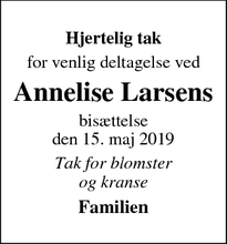 Dødsannoncen for Annelise Larsens - Roskilde