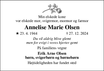 Dødsannoncen for Annelise Marie Olsen - Skive