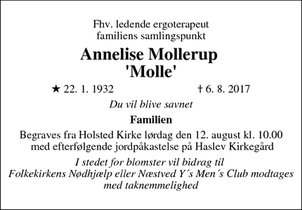 Dødsannoncen for Annelise Mollerup 
'Molle' - Næstved