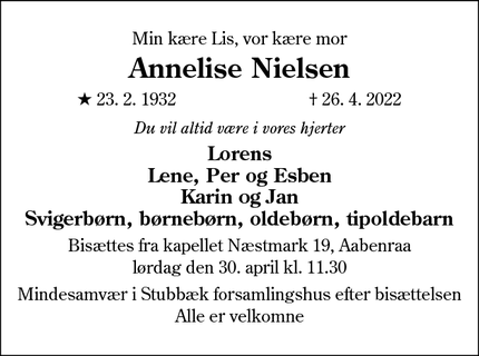 Dødsannoncen for Annelise Nielsen - Rødekro