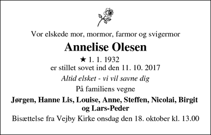 Dødsannoncen for Annelise Olesen - Risskov