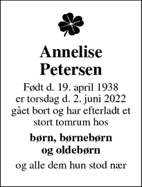 Dødsannoncen for Annelise Petersen - Nykøbing Sjælland