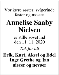 Dødsannoncen for Annelise Saaby
Nielsen - Ringkøbing