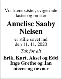 Dødsannoncen for Annelise Saaby
Nielsen - Ringkøbing