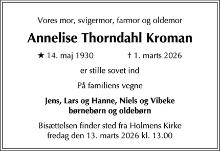 Dødsannoncen for Annelise Thorndahl Kroman - København