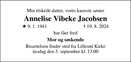 Dødsannoncen for Annelise Vibeke Jacobsen - Allerød