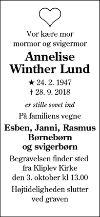 Dødsannoncen for Annelise Winther Lund - Kliplev