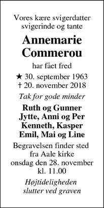 Dødsannoncen for Annemarie Commerou - Åle