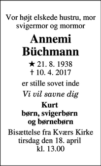 Dødsannoncen for Annemi Büchmann - Tørsbøl