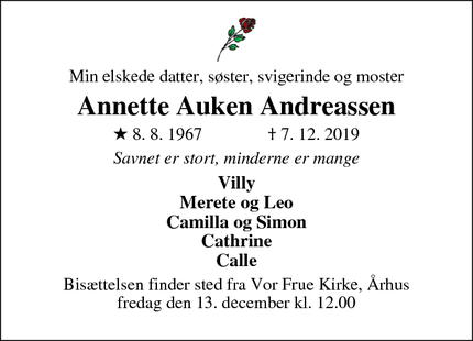 Dødsannoncen for Annette Auken Andreassen - Århus