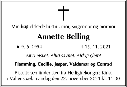 Dødsannoncen for Annette Belling - Hvidovre