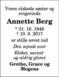Dødsannoncen for Annette Berg - Nørresundby