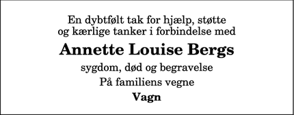 Dødsannoncen for Annette Louise Bergs - Aalborg