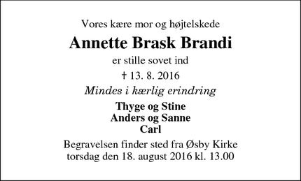 Dødsannoncen for Annette Brask Brandi - Haderslev