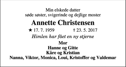 Dødsannoncen for Annette Christensen - Faxe Ladeplads
