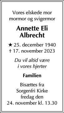 Dødsannoncen for Annette Eli
Albrecht - Lyngby Taarbæk