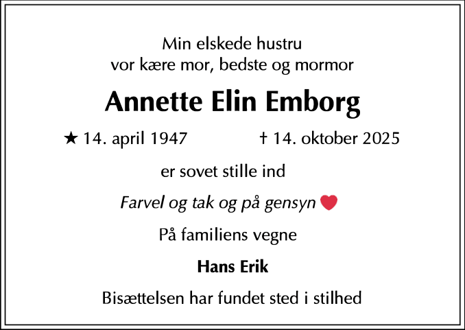 Dødsannoncen for Annette Elin Emborg - Gentofte