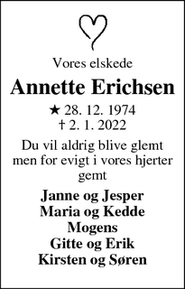 Dødsannoncen for Annette Erichsen - Løgumkloster