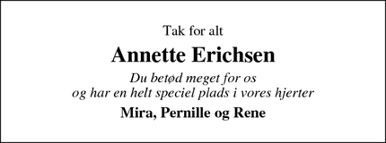 Dødsannoncen for Annette Erichsen - Løgumkloster