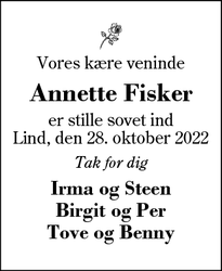 Dødsannoncen for Annette Fisker - Herning 