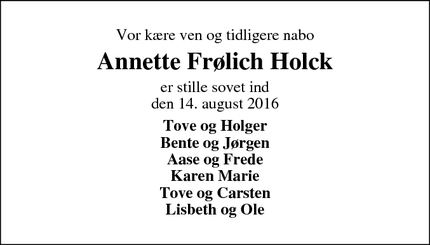 Dødsannoncen for Annette Frølich Holck - Nyborg