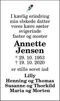 Dødsannoncen for Annette Jensen - Hjørring